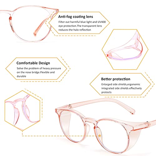 2 Pairs Anti Fog Safety Goggles Protective Glasses Blue Light Blocking Eyeglasses for Men Women - color: Round Pink+purple