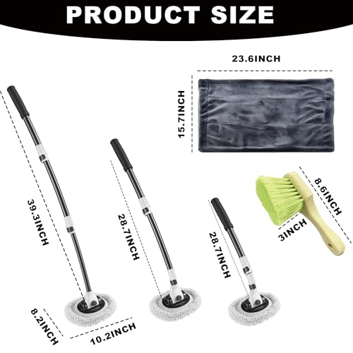 Car Wash Mop with Long Handle 15° Curved Extension Microfiber Scratch-Free Car Wash Brush with 1300GSM Thickened Drying Towel & Soft Bristle Tire Brush Complete Car Wash Kit (White & Grey) - color: White & Grey