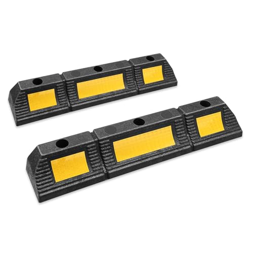 DNA Motoring 2 Pack 22.8" Parking Stopper for Garage, Heavy Duty Garage Parking Aid, Parking Gadgets Protects Car and Garage Walls, w/Reflective Yellow Tape Curb, 22.8" L x 4.33" W x 3.34" H - style: 1 side Reflective Strip