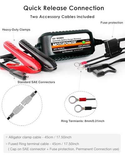 MOTOPOWER MP00205C 12V 800mA Automatic Battery Charger Maintainer - 2 Pack | Functions as a charger, maintainer, trickle charger and desulfator