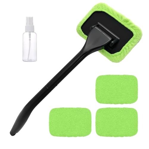 Car Windshield Cleaning Tool, Microfiber Auto Window Cleaner with 4 Cloth Pads & Long Handle, Reusable Window Cleaning Tool Kit for RV SUV Truck, Car Accessories (Green) - color: Green