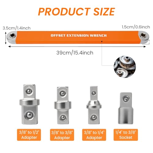 Offset Extension Wrench, Zero Degree Ratchet Extension Set Impact Ready Socket Wrench Extender Tool with 1/2", 1/4", 3/8" Drive Adapters and 1/4" Socket for Tight Place Orange - color: Orange