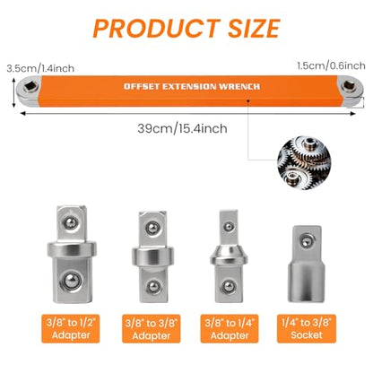 Offset Extension Wrench, Zero Degree Ratchet Extension Set Impact Ready Socket Wrench Extender Tool with 1/2", 1/4", 3/8" Drive Adapters and 1/4" Socket for Tight Place Orange - color: Orange