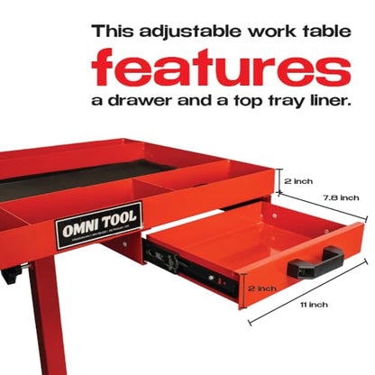 LAUCO Rolling Work Table with Drawer, Adjustable Mobile Tray Table for Shop, Garage, Mechanic Tool Cart with Wheels, 220 lb Capacity, Red [39102]