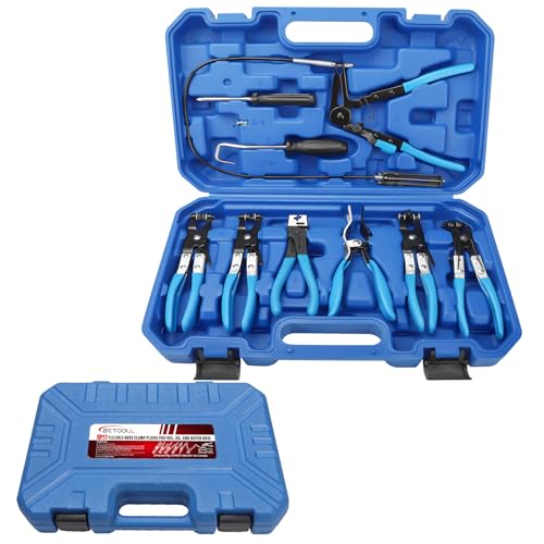 BETOOLL 9pc Hose Clamp Pliers, Professional Automotive with Flexible Wire Long Reach, Clic R Type Swivel Jaw and Flat Band Pliers for Coolant Radiator Heater/Water Hose (Blue) - color: Blue