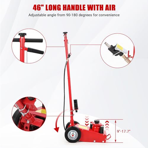 GarveeTech 30 Ton Air Hydraulic Floor Jack for Heavy Duty Trucks & Tractors – Low Profile (9"-17.7"), 4 Adapters, 46" Adjustable Handle – 66,000 Lbs Capacity - color: 30 Red