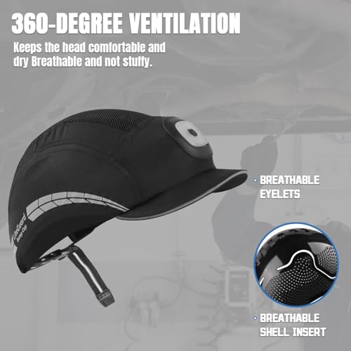 UM ULTRAMAXX Lightweight Bump Cap with Reflective Stripes, Breathable Baseball Cap Style, Head Protection Hard Hat for Men Women - color: Black with Led Light