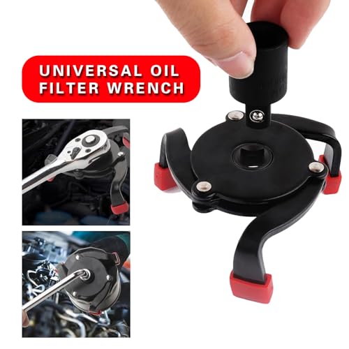 leechio 1 PC 3/8'' 3-Jaw Oil Filter Wrench, One Way Flat Non-slip Oil Filter Removal Tool, Universal 3/8'' Drive Steel Removal Tool, for Most Cars (Black)