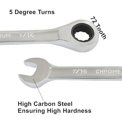 2 Pcs 7/16 Inch Ratchet Wrench Imperial Ratcheting Combination Wrench Set, 12 Point, 72 Teeth for Projects SAE Tight Spaces - size: 7/16 Inch