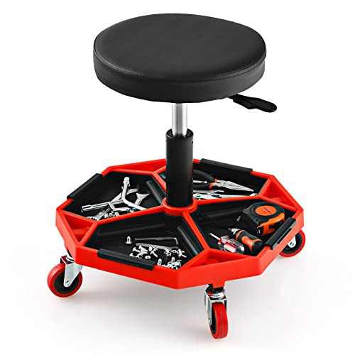 S AFSTAR Garage Shop Roller Seats, Adjustable Pneumatic Rolling Creeper Stool W/Tool Storage Tray & 4 Universal Wheels, Padded Mechanic Stool Repair Shop Stool Garage Rolling Stool (Red - color: Red
