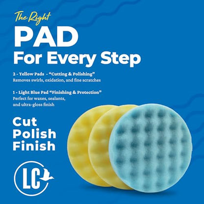 Lake Country 5.5” Waffle Foam Pad Kit (3-Pack) – Yellow & Blue Polishing Pads for Compounding, Polishing & Finishing – Fits 5” Backing Plate
