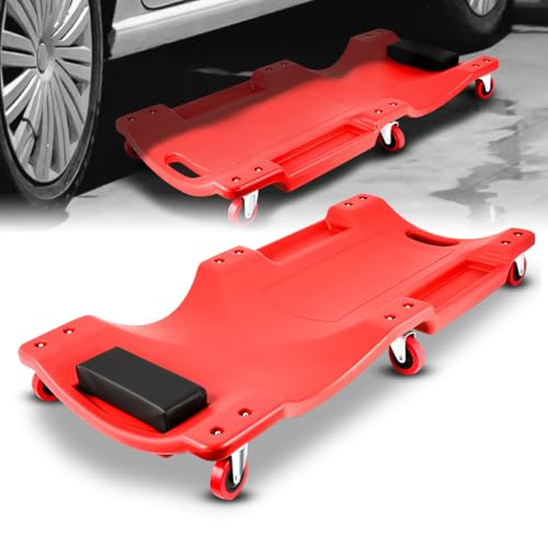 Mechanic Creeper 36 Inch, Low Profile Under Car Rolling Creeper with Padded Headrest and Tool Trays, 300 LBS Capacity, Ergonomic Body Design, Red