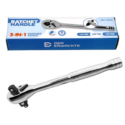 Der Erwachte 3-IN-1 Ratchet Handle | 1/4", 3/8", 1/2", Ratchet Wrench, Socket Wrench, 72-Tooth, Reversible Switch, Full-Polished Chrome Plating, Cr-V Steel - size: 3IN1 Ratchet