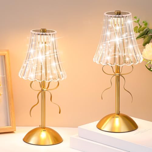 Liliful 2 Pcs Cordless Table Lamp Rechargeable Touch LED Small Gold Portable Battery Operated USB-c Desk Lamp 3 Color Dimmable for Bedroom Living Room Dining (Gold,Bow Rose Style) - color: Bow Rose Style, size: Gold