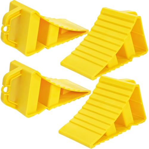 Covzoe 4 Pack Wheel Chocks for RV Trailer, Heavy Duty Wheel Stopper with Handle Easy Removal, Non Slip Tire Choke for Cars Campers Trucks RVs, Yellow