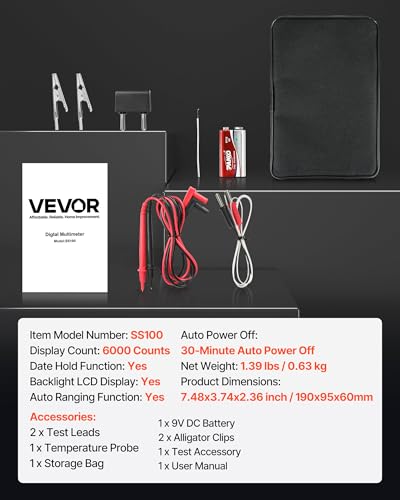 VEVOR Digital Multimeter, 6000-Count TRMS DC/AC Voltmeter Current Tester, Auto-Ranging Multimeter for Current Voltage Resistance Capacitance Temperature Diodes Continuity Low Impedance Measurment