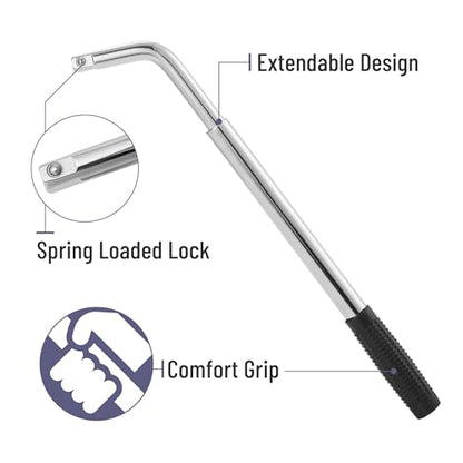 Bates Telescoping Lug Wrench - 1/2 Drive With 17/19mm and 21/23mm Sockets - Tire Iron and Nut Removal Tool