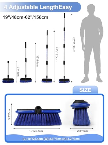 Car Wash Brush with Long Handle 62"/156cm Telescoping Mop Pole 10" /25.4cm Larger Soft Bristle Head for RV Truck SUV Window Glass Tyres Boat Floor Deck House Siding Wall Snow Removal Cleaning Tool