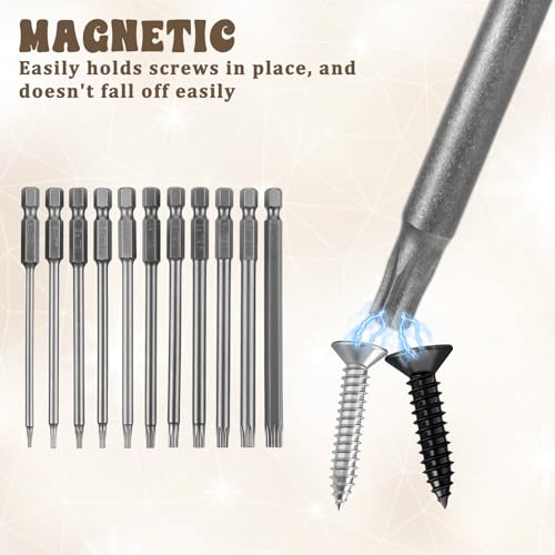 11 Pcs Security Torx Bit Set Tamper Proof Torx Bit Set, Magnetic Star Screwdriver Bits Sets, S2 Steel 1/4 Hex Shank Torque Security Bits T6-T40, 4 Inch Length for Deeper Work