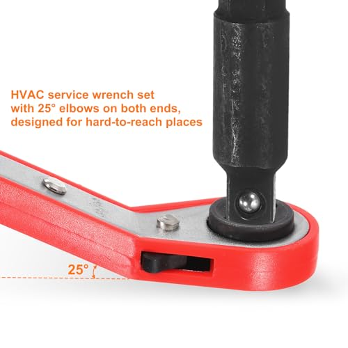 HVAC Service Wrench 1/4" 5/16" 3/16" 3/8" 25 Degrees SAE Double Head 16-Teeth Air Conditioner Valve Reversible Ratchet Wrench for Refrigeration Equipment Repair, Silver Red