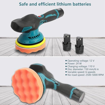 Cordless Car Buffer Polisher, 6 Variable Speed Battery Powered Cordless Powerful Motor Ergonomic Handle Car Polishing Dual Action Car Buffer Polisher with Gloves Apron Set Black&Blue