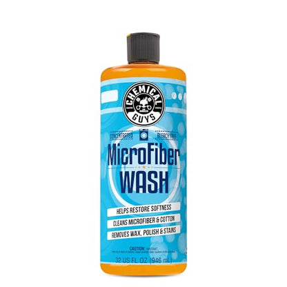 Chemical Guys Microfiber Wash Detergent, Concentrated, Fresh Citrus, 32 oz | Microfiber-safe concentrate for towels, mitts, and pads; lifts dirt, grease, and wax, restores softness, no softener needed - size: 32 Fl Oz (Pack of 1)