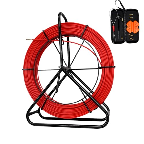 6MM 500FT Fish Tape Fiberglass Reel Stand Duct Rodder Cable Puller Rod Continuous Cable Running Rod - color: Black + Red, size: 6mm*500ft
