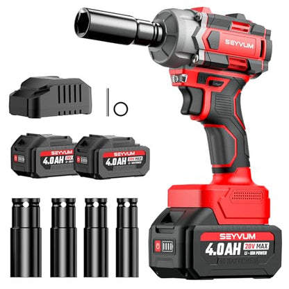 SEYVUM Cordless Impact Wrench, 1/2” Max Torque 440 Ft-lbs / 600 N.m Power Impact Gun, 20V 3000RPM Electric Impact Driver, 2 x 4.0Ah Battery, 4 Impact Sockets, Carry Bag Included - style: 600 N.m