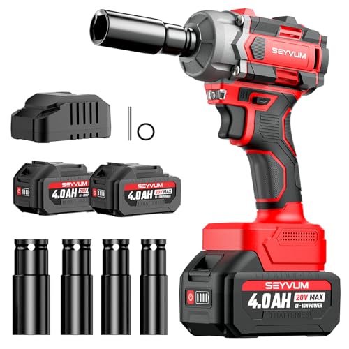 SEYVUM Cordless Impact Wrench, 1/2” Max Torque 440 Ft-lbs / 600 N.m Power Impact Gun, 20V 3000RPM Electric Impact Driver, 2 x 4.0Ah Battery, 4 Impact Sockets, Carry Bag Included - style: 600 N.m