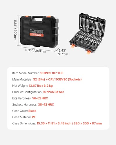VEVOR Bit Socket Set, 107-Piece SAE and Metric, Hex/Torx/External Torx/Tamper-Proof/Extra Long, S2 Alloy Steel and Cr-V Steel, 1/4 in, 3/8 in, and 1/2 in Drives, with Enhanced Storage Case, Hand Use - style: 107 PCS Hex & Torx & E-Torx