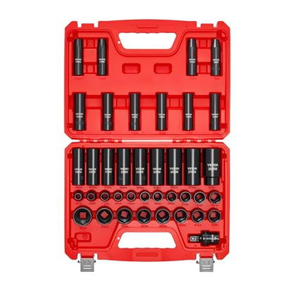 VEVOR 39-Piece Impact Socket Set 1/2" Drive, Metric (9 to 30 mm) Size, Deep & Shallow, 6-Point, CR-V, Universal Joint, Heavy Duty Carrying Case - style: 1/2" 39 PCS