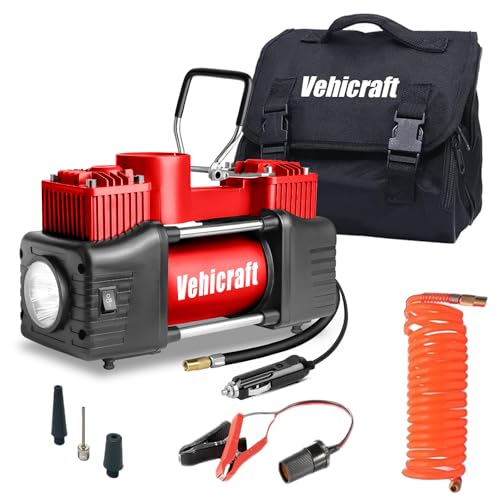 12V Tire Inflator, 150 PSI Dual-Cylinder Air Pump for Car, SUV, RV | 12V Portable Air Compressor Pump with Emergency LED Light - 150PSI Tire Pump,Red - color: Red