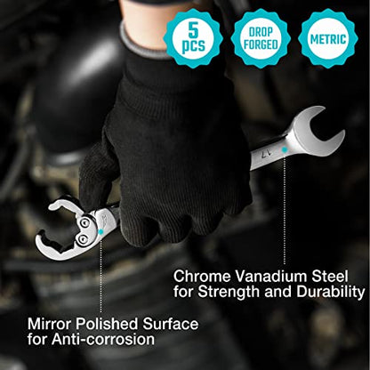 DURATECH 5-Piece Ratcheting Flare Nut Wrench Set, Metric | 10mm, 12mm, 13mm, 14mm, 17mm, CR-V Steel, Open End Wrench, Organizer Pouch Included