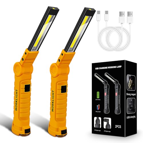2Pack LED Work Light, USB Rechargeable COB Light with Magnetic Base 360°Rotate and 5 Modes, Folding Flashlight Inspection Light for Car Repairing, Workshop, Household and Emergency Use, Large - color: 2Pack Yellow