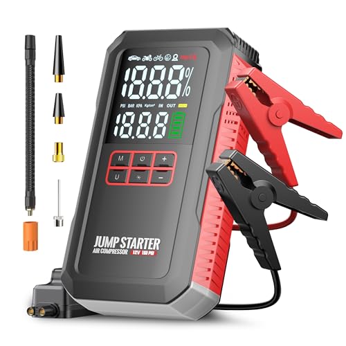 5000A Car Battery Jump Starter with Air Compressor 160PSI, Battery Jumper Starter Portable 7.0L Gas/6.0L Diesel, Jumper Cables, Car Battery Charger with Power Bank & Light, Roadside Emergency Kit