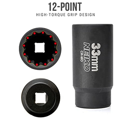 NEIKO 02524A 33mm Socket | 1/2” Drive Deep Impact Socket | Spindle & Axle Nut Socket | 12 Point |Chrome Molybdenum Cr-Mo |Deep Well Hub | Triple Square | Axle Shaft Nut Remover - size: 33 mm (Single)