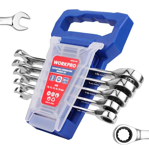 WORKPRO Ratcheting Wrench Set, Metric, 5-piece Ratcheting Combination Wrench Set, 10mm, 11mm, 13mm, 14mm, 15mm, 12-Point, CR-V Steel, with Organizer Rack - size: 5-piece, style: Metric