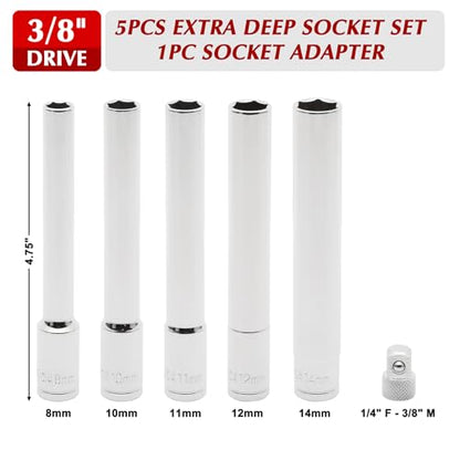 EMENTOL 6PCS 3/8-Inch Drive Metric Deep Socket Set, 8-14MM Deep Sockets&1/4-inch F-3/8-inch M Socket Adapter, Extra Long, 6-point - size: 3/8" Drive Metric (8-14mm)