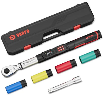 VANPO 1/2 Drive Digital Torque Wrench Set 7.4-147.5 ft.lb, ±2% Accuracy | 10-200 Nm, Electronic Torque Wrench with Sockets & Extension Bar, Buzzer/LED/Vibration Alarm, for Tire Lug Nuts, Auto Repair - size: 1/2-Inch (7.38-147.5 ft.lb/10-200 N.m)