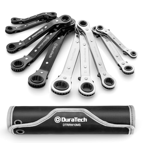 DURATECH 10-Piece Reversible Ratcheting Wrench Set, Offset Double Box End Wrench Set, SAE & Metric, with Rolling Pouch - size: SAE & Metric
