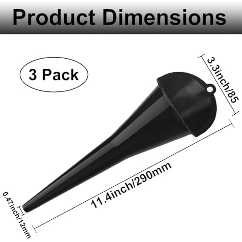 3-Pack Long-Neck Oil Funnels, 11" Multi-Purpose Funnels for Automotive & Motorcycle Use – Reusable Funnel for Oil, Gas & Transmission Fluid (Black) - color: Black