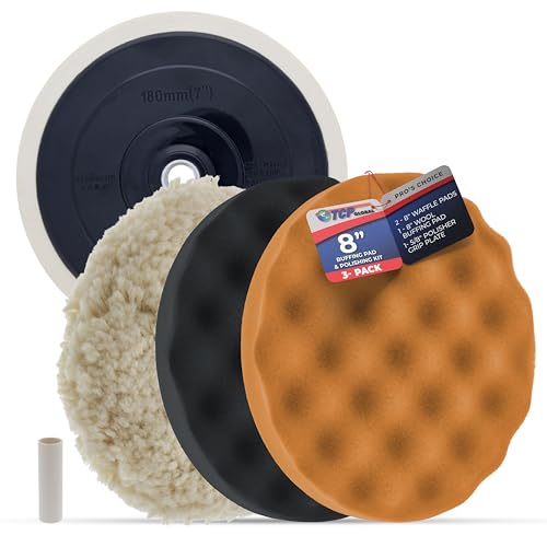 TCP Global Complete 3 Pad Buffing and Polishing Kit with 3-8" Pads; 2 Waffle Foam and 1 Wool Grip Pads and a 5/8" Threaded Polisher Grip Backing Plate