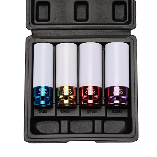 EMENTOL 4PCS 1/2" Drive Thin-Walled Impact Drive Lug Nut Socket Set, CR-MO, Metric, Protective Wheel Impact Socket Set-17mm, 19mm, 21mm, 22mm - size: 4PCS