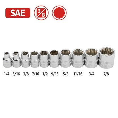 Ingersoll Rand 10-Piece SAE 3/8 in. Drive 12-Point Shallow Socket Set, 1/4–7/8 in., Chrome Vanadium Steel with Thermoform Tray – 752048X - size: 3/8 in. Drive Shallow Socket Set, style: SAE