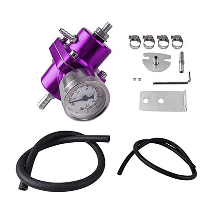 BARTOO Universal Adjustable Fuel Pressure Regulator Kit, Aluminum Fuel Regulator, Adjustable Gas Oil Injection Pressure Regulator with 0-140 PSI Gauge -Purple - color: Purple