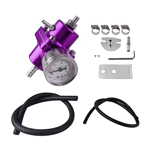 BARTOO Universal Adjustable Fuel Pressure Regulator Kit, Aluminum Fuel Regulator, Adjustable Gas Oil Injection Pressure Regulator with 0-140 PSI Gauge -Purple - color: Purple