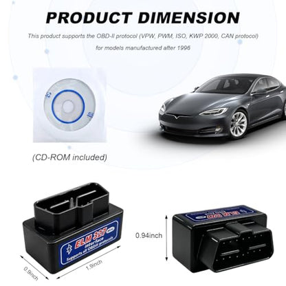 ELM327 OBDII Car Auto Diagnostic Scanner, Professional Mini Bluetooth Scan Tool Engine Fault Code Reader, Wireless Failure Detector Interface Adapter for Most OBD II Vehicles (Black) - color: Black, 1 PCS
