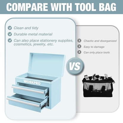 WORKPRO Metal Mini Tool Box with 2 Drawers and Top Storage | Cold Rolled Steel Toolbox, Ball Bearing Slides, PVC Drawer Liners, PP Feet Pads, Durable Storage - color: Macaron Blue