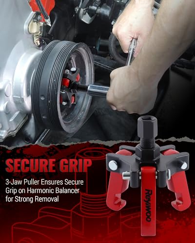 Reywoo Harmonic Balancer Puller Kit, Adjustable 3-Jaw Puller for Removing Harmonic Damper Pulley Compatible with Chevy GM Chrysler Cadillac Ford, Forcing Screw Fits a 3/8" Square Drive - style: Removal