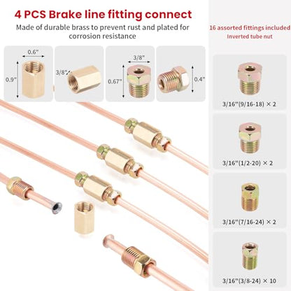 3/16" Brake Line Kit,25 ft 3/16 Copper Coated Brake Line Kit with 20 Fittings (4 Unions Included) + Double & Single Flaring Tool Kit, Rust & Corrosion Resistant for Automotive, Fuel,Hydraulic Systems